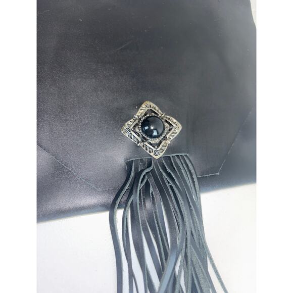 Black Leather Fringe Envelope Style Slim Shoulder Bag Boho Western Vibes - Picture 2 of 13